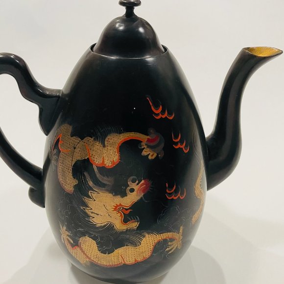 Shin Shao An Saeukee Foochow China Gold Dragon Ware Black Lacquer Teapot - Picture 12 of 12
